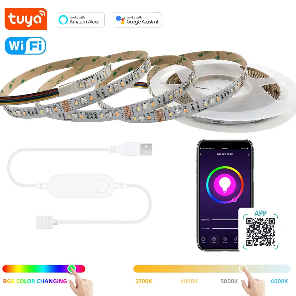 Tuya Smart Wifi USB LED Strip 6pin 5V RGBCCT Color TV retroilluminazione nastro luminoso decorazione 90LED/m Smart Life per Alexa Google Home