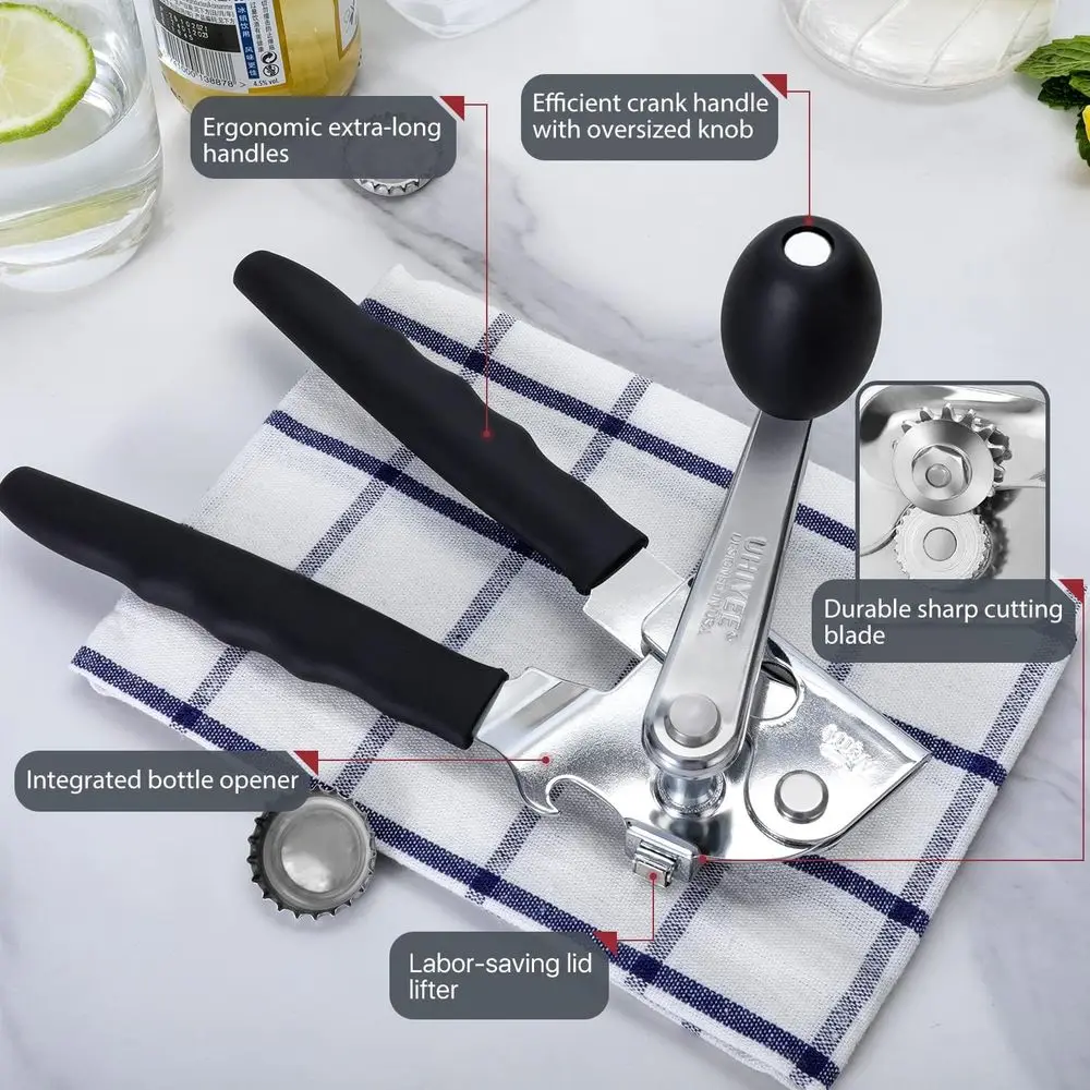 Hand Crank Can Opener Manual Heavy Duty with Comfortable Extra-long Handles, Oversized Knob, Large Handheld Can Opener for Easy