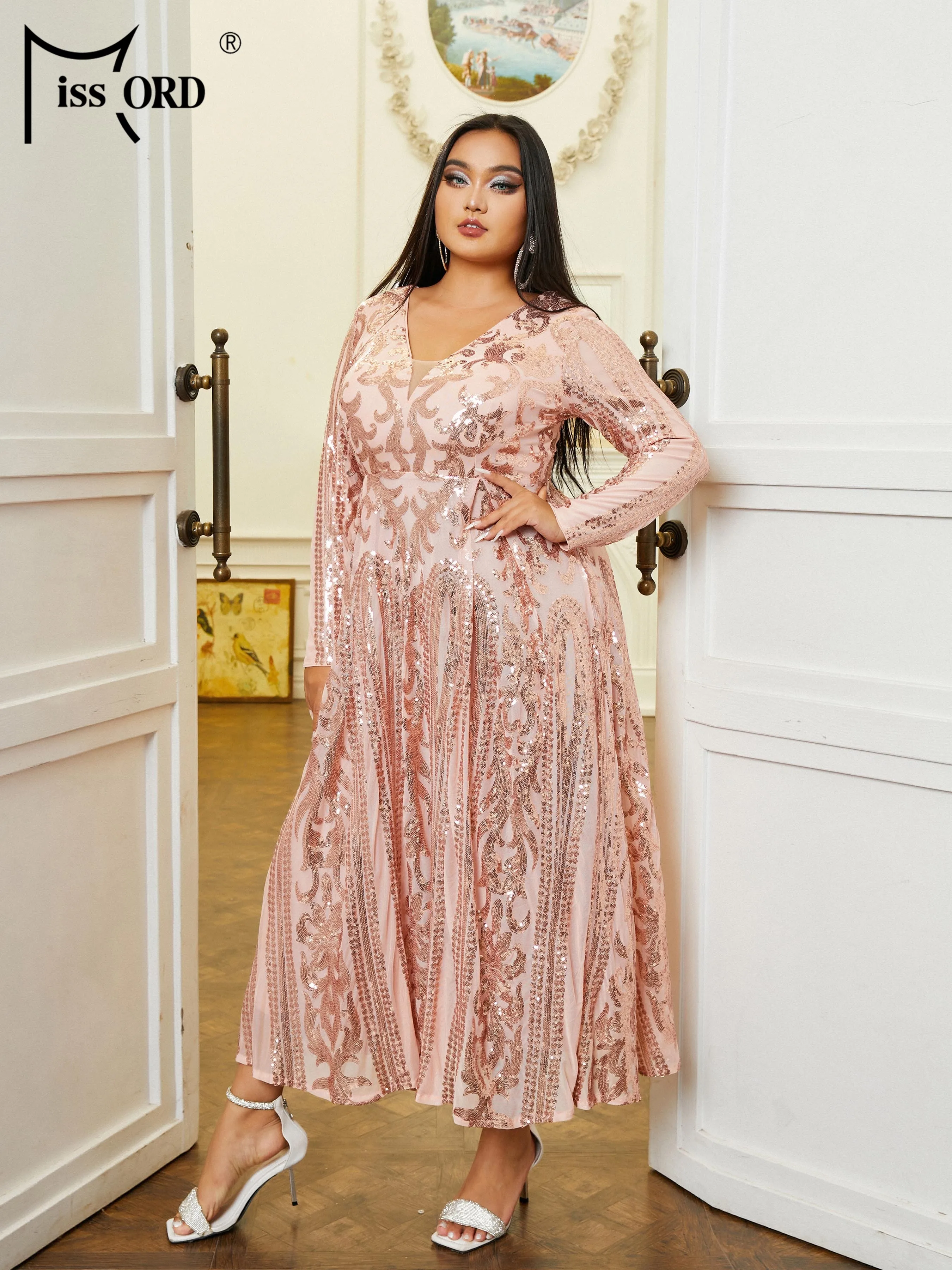 Missord Elegant Rose Gold Sequin Plus Size Party Dresses Women Long Sleeve V Neck Loose A-line Midi Prom Dress Cocktail Gown