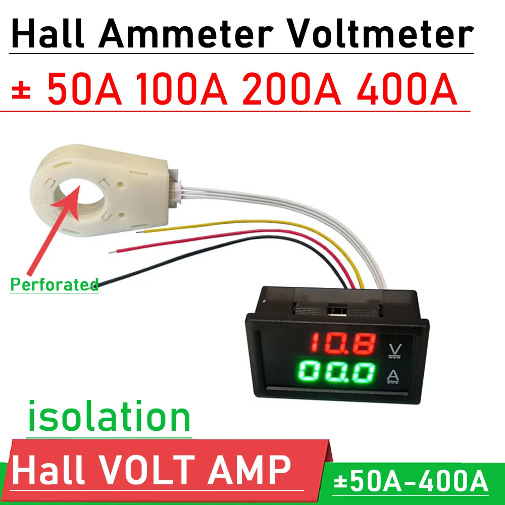 Carro Led Hall Amperímetro e Voltímetro Monitor da Bateria Medidor de Tensão Atual Digital dc 0300v ± 50a 100a 200a 400a 12v 24v 36v 48v 60v