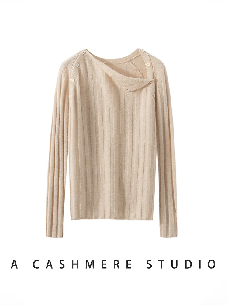 

Chic Women Cashmere Sweater Shoulder Buttons Design Solid Striped Pullover Autumn Winter 100% Cashmere Knitwear Office Lady Tops