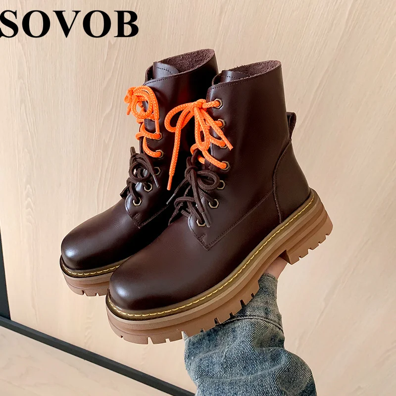 

Autumn Winter Round Toe Lace Up Short Boots Women Thick Soled British Style Motorcycle Boots Versatile Ankle Boots Hiking Boots