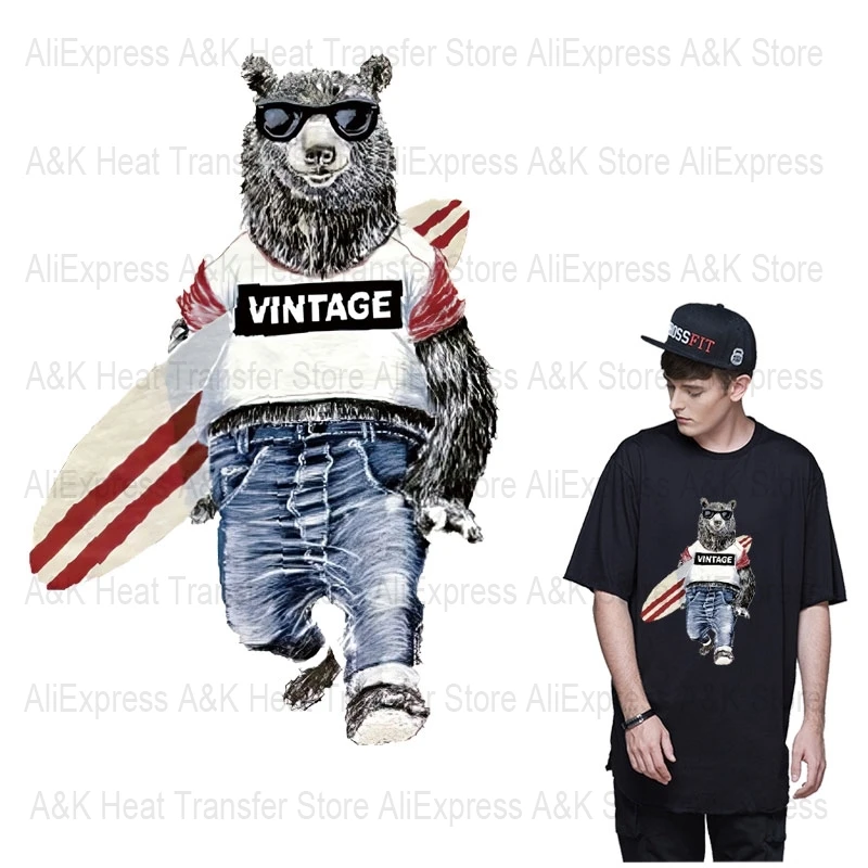 Cool Bear Surfing Iron Stickers Men Patches Heat Transfer Clothes Stripes Thermal Stickers T-Shirt Diy Applique Parches Ropa