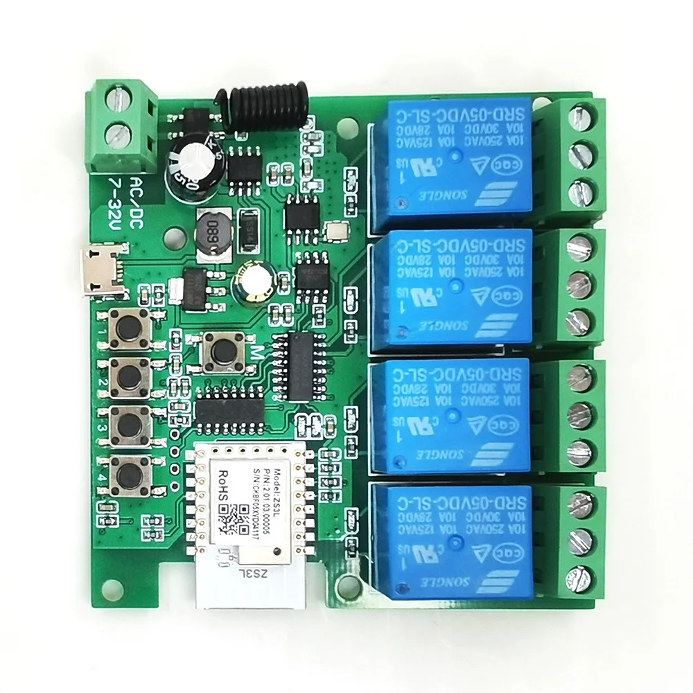 B68A 4CH Zigbee Smart Light Switch Module DC 5-32V RF433 Receiver 10A Relays Work With Alexa Assistant,Tuya Smart Life