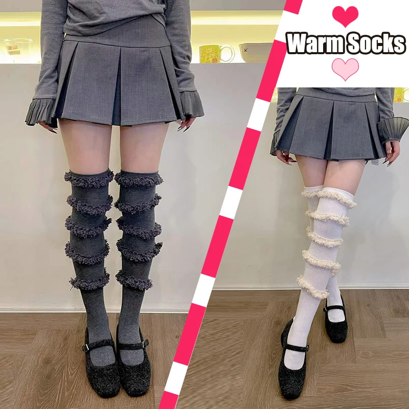 

Five Circle Plush Lace Solid Color Stockings Women Autumn/winter Lolita Warm Cotton Tight Thin Highs Socks Cute Knee High Socks