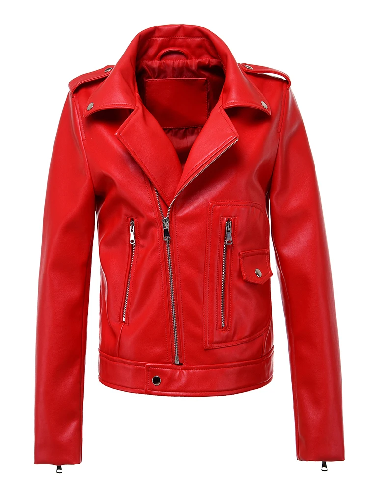 Fitaylor Autumn Winter Women Faux PU Leather Coat Casual Lady Red Motorcycle Jacket Vintage Lapel Short Biker Jacket