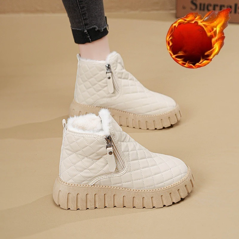 

Winter Fleece Warm Women's Snow Boots Thick Soled Height Increasing Thick Cotton Shoes Side Zipper Wear-resistant Ankle Boots