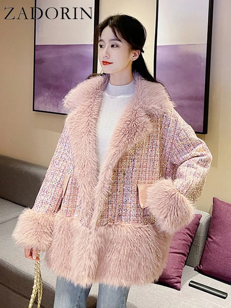 ZADORIN Korean Style Sequined Women Faux Fur Coat Splicing Tweed Warm Long Sleeve Loose Pink Blue Fluffy Jacket Fur Coats Women