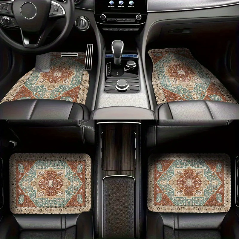 4pcs Bohemian Design Car Floor Mats - Stylish, Durable Polyester All-Season Protective Carpets For Front & Rear Seats, Enhancing
