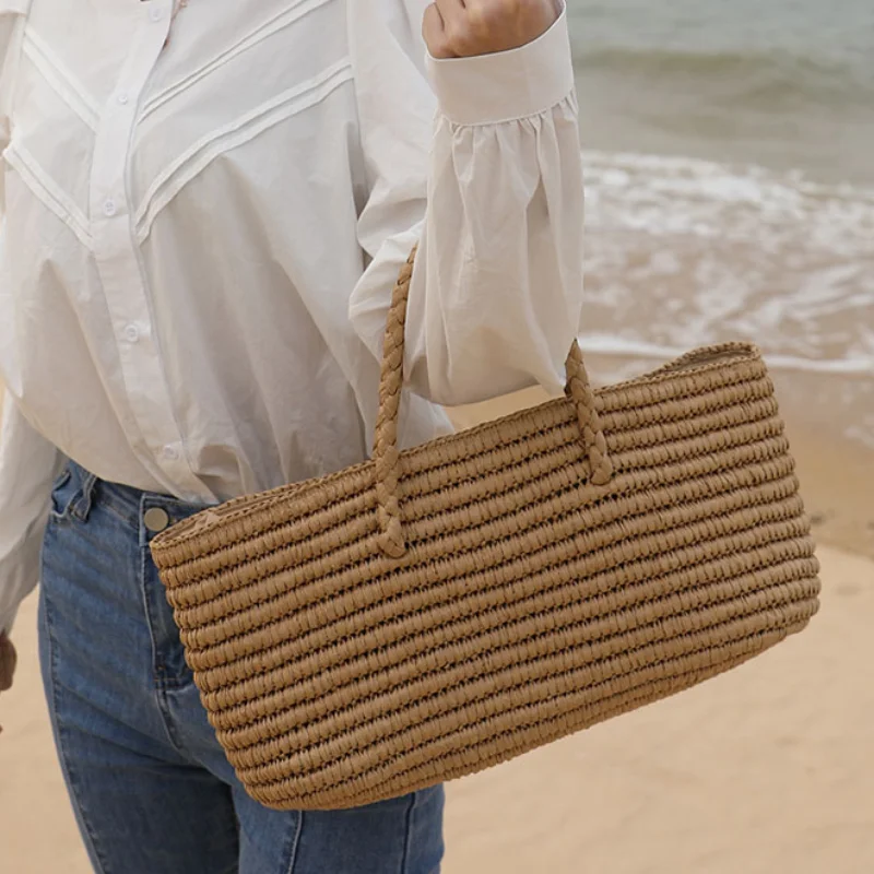

Fashion Straw Woven Shoulder Bag Large Capacity Daily Handbag Soft Lightweight For Work Travel Bohemian Style Beach Bucket Bag