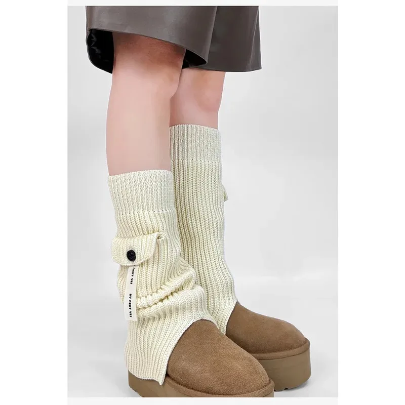 2025 Winter Kawaii Leg Warmers Cable Knit Boot Cuffs with Buttons & Pocket Boho Retro Bell Bottom Style Mid Calf Thermal Socks​