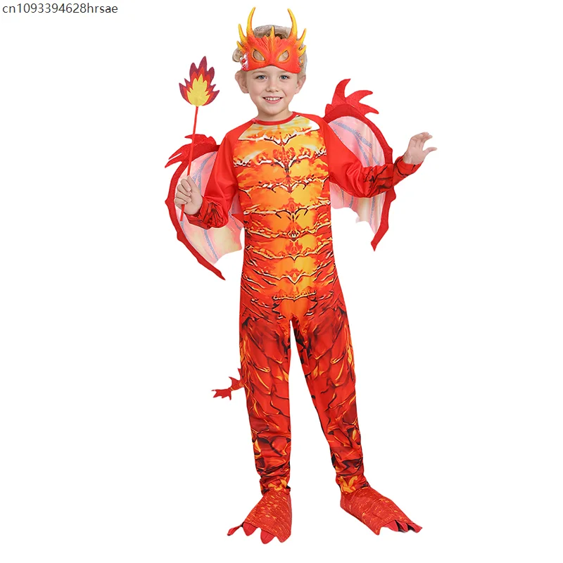 

Boys Cute Red Fire-Breathing Dragon Halloween Dress Up Flame Girls Child Fire Dragon Costume