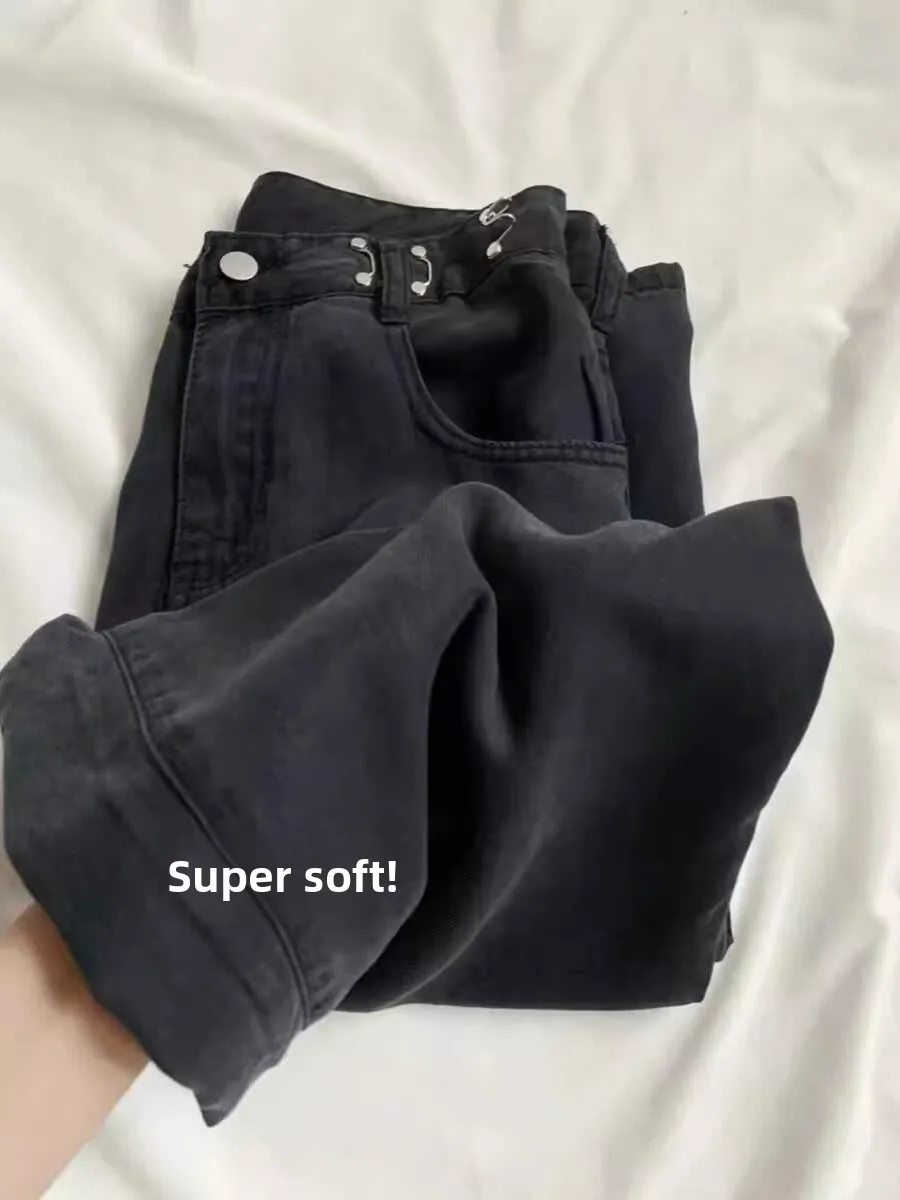 

Black Straight Leg Silk Denim Jeans Women Summer Thin Wide Leg Loose Ice Silk Long Pants High Waist Long Trousers
