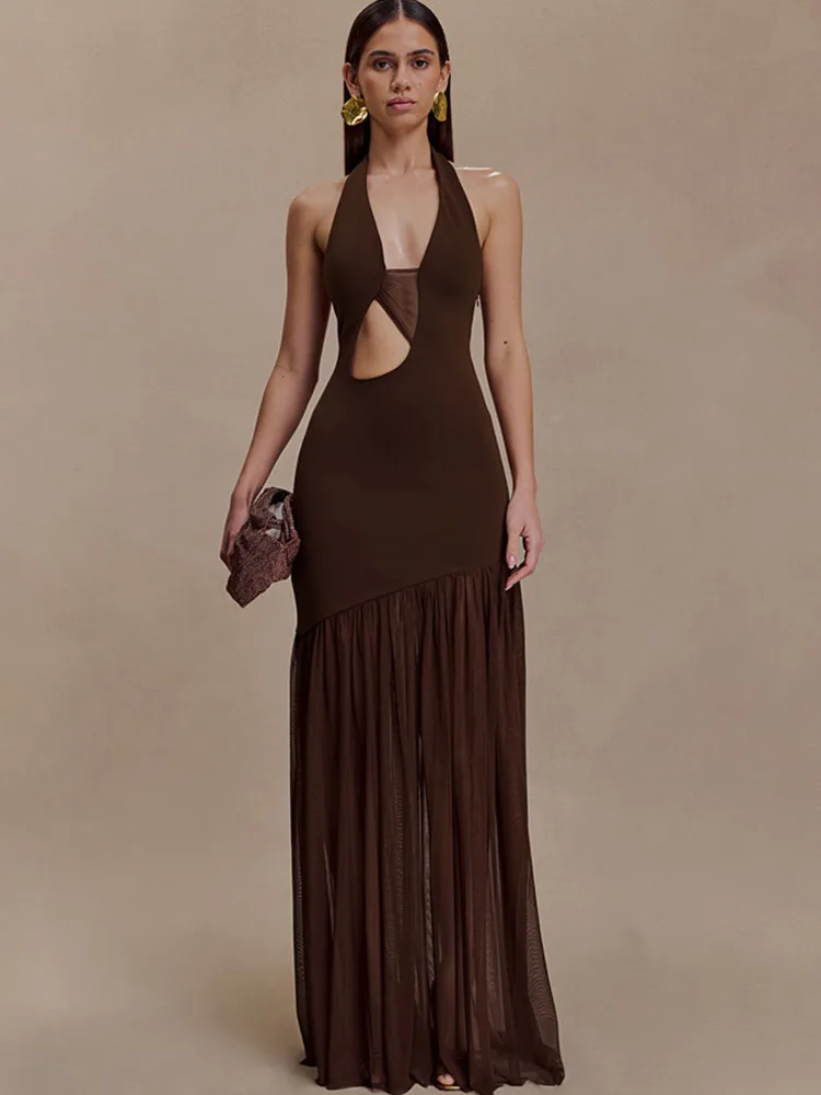 Sibybo Sexy Hollow Out Sleeveless Maxi Dress Women Halter V Neck Backless Patchwork Bodycon Elegant Dresses Female Party Vestido