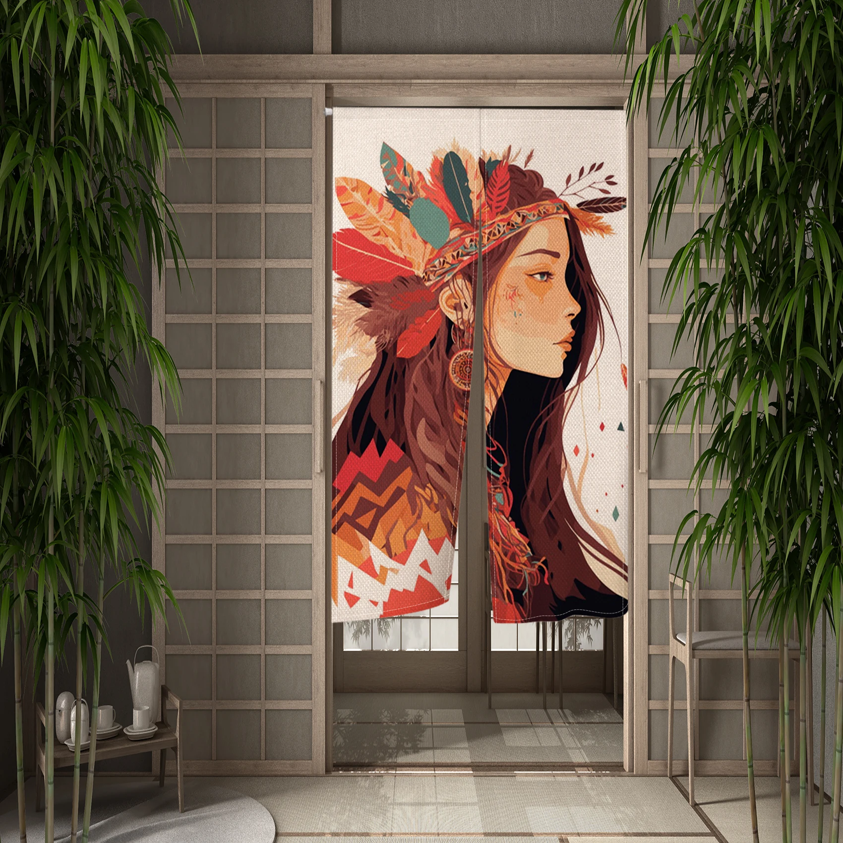 Japanese Geisha Oiran Door Curtain Japanese Lady Cherry Blossoms Half Curtain Kitchen Entrance Partition Hanging Doorway Curtain