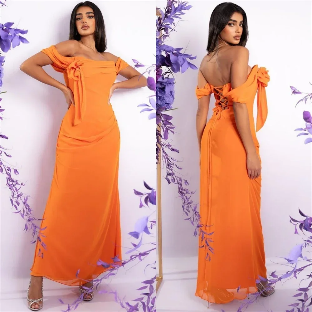 Customized Prom Dresses Fashion Off-the-shoulder Sheath Cocktail Flowers Fold ChiffonOccasion Evening Gownvestidos de graduació