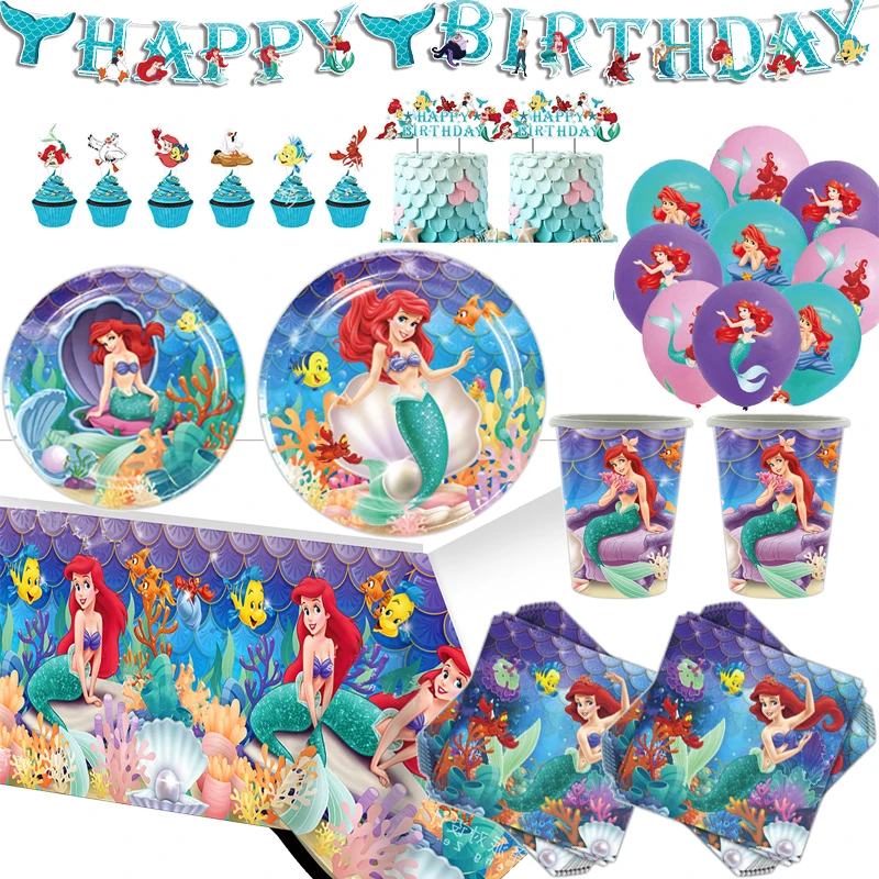 Artículos de Fiesta de la Sirenita Princesa Ariel, Decoraciones para Fiesta de Cumpleaños de Niña, Globo, Plato de Papel, Vaso, Mantel
