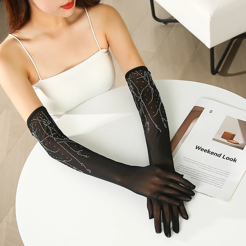 

Sexy Shiny Rhinestone Black Silk Perspective Sunscreen Lace Long Gloves Cosplay Halloween Mesh Nightclub Pole Dance Performance