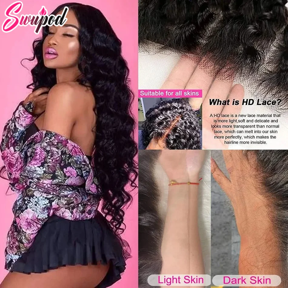 Swupod 180 200 Density 13x4 13x6 HD Lace Front Wig for Women Human Hair Loose Deep Remy Wave Natural Black Frontal Pre Plucked