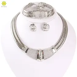 Silver Color Dubai African White Crystal Necklace Bracelet Earring Ring Wedding/Bride Jewelry Sets