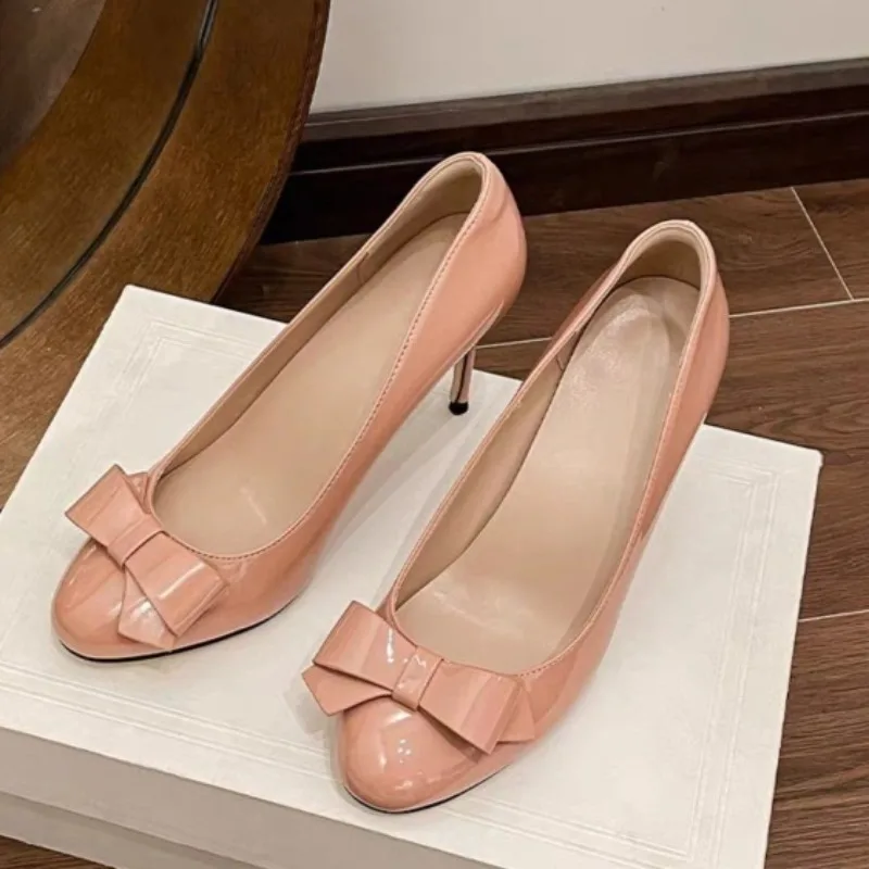 Autumn New Round Toe Shallow Bow Slip-on Anti-Slip Wear-Resistant High Heels Stiletto Single Shoes