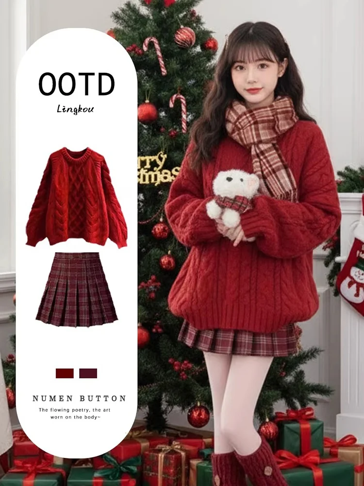 

Autumn Winter Knitted Sweater And Skirt Set for Women High Waist A-Line Skirt Red Color College Style Twist Yarn Slimming