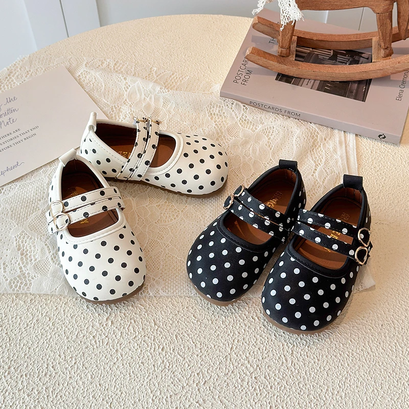 

Toddler Girls Black Polka Dot Mary Jane Shoes Double Buckle Non-Slip Soft Sole for Daily School Outdoor Casual Wear