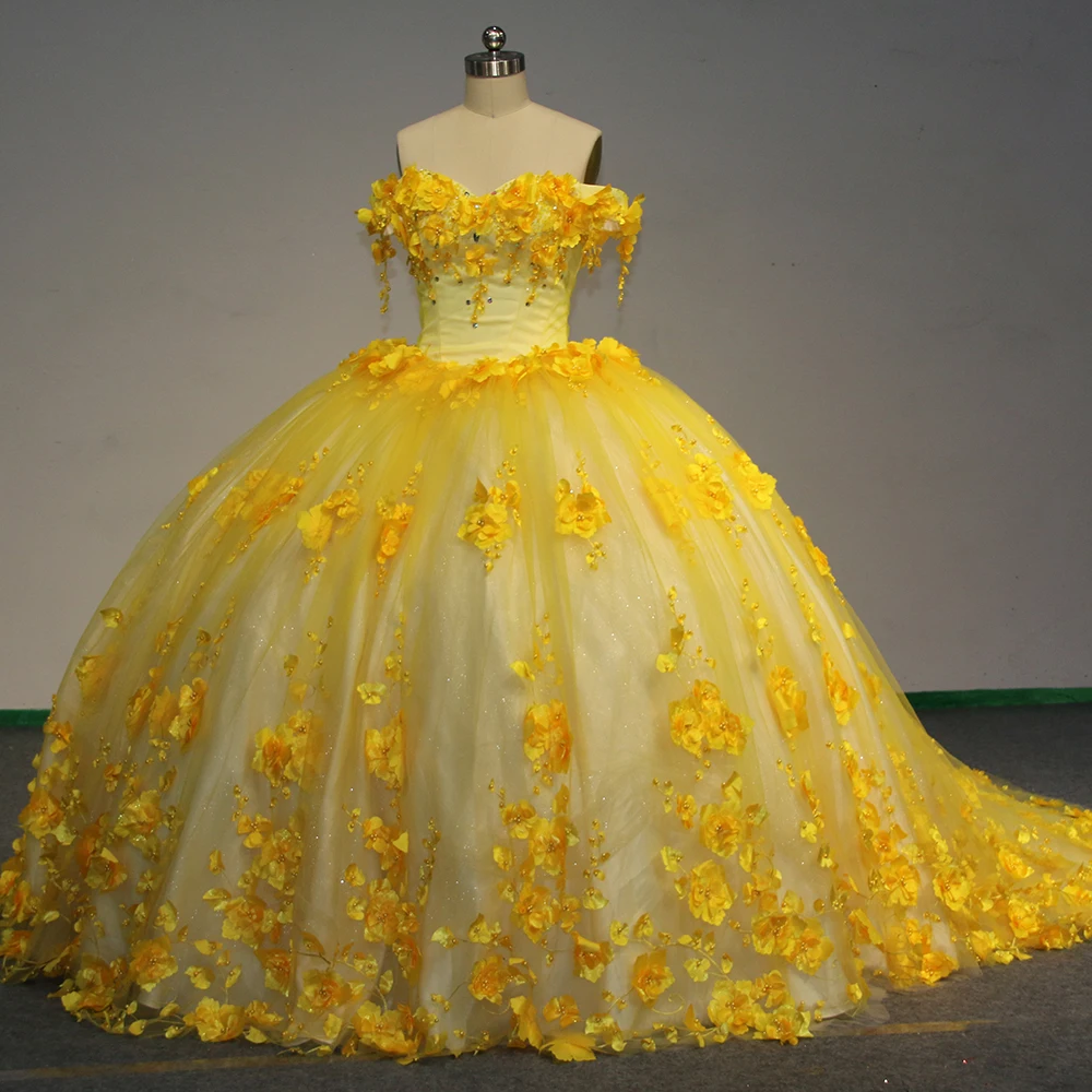 Elegant Sweetheart Yellow Quinceanera Dress Charming Off The Shoulder Party Dress Ball Gown Flower Girl Sweet 16 Gown Vestidos