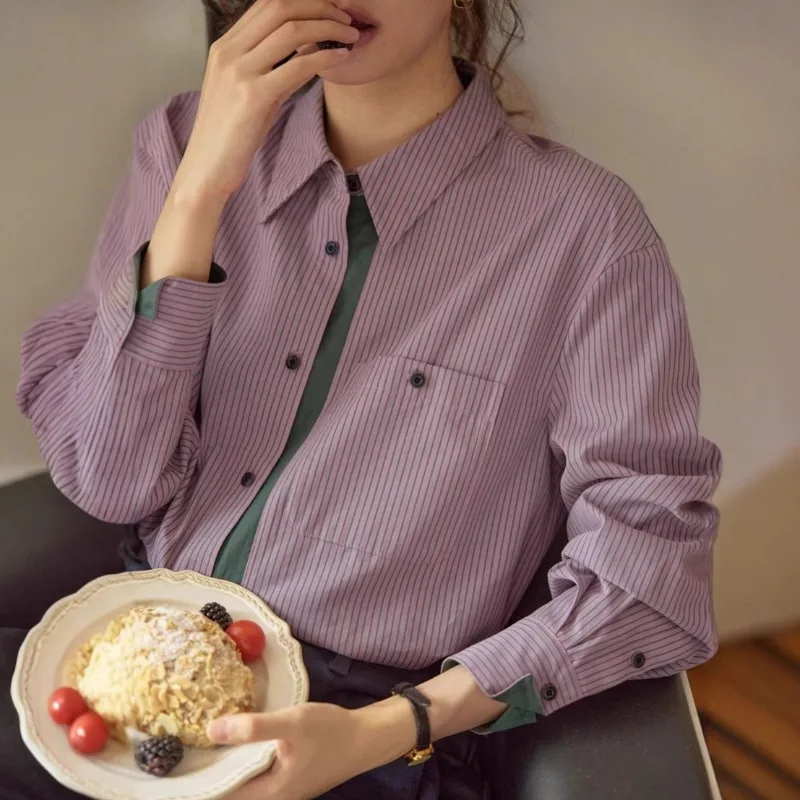 

French Retro Contrasting Vertical Stripe Shirt for Women Autumn Long Sleeved Literary Artistic Shirt Office Lady Elegant Tops