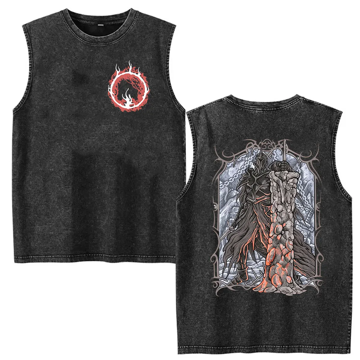 Vintage Washed Vest Dark Souls Knight Graphic T Shirt Men's Clothing Fashion Short Sleeve T-shirt Tank Top 100% Cotton T Shirts
