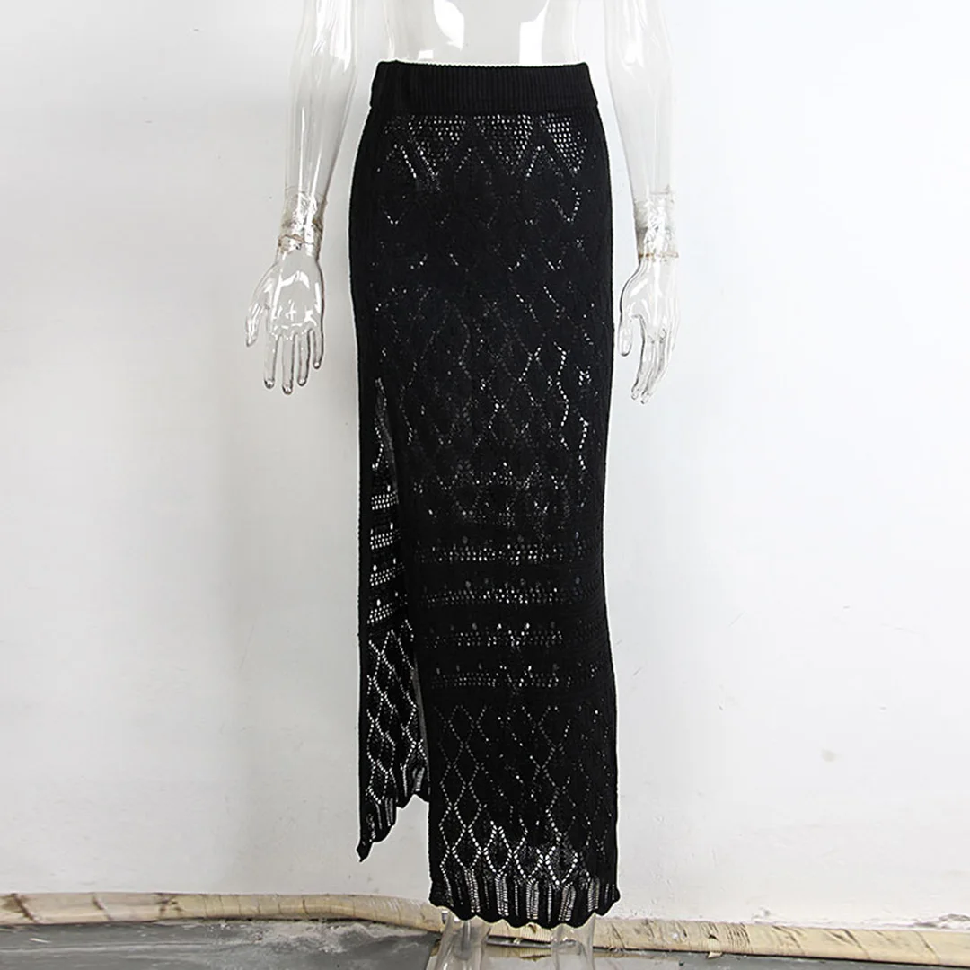 S - XL Ausgeschnittener, hoch geschnittener, gehäkelter Strickrock, Strand-Cover-up, Strandkleid, Strandmode, Damen-Badebekleidung V6810 – Detail 8