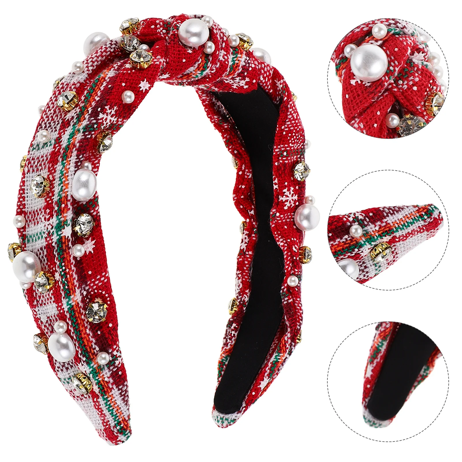 

Wide Vintage Knotted Christmas Headband Embellished Fake Pearls Rhinestones Holiday Party Hairband for Women