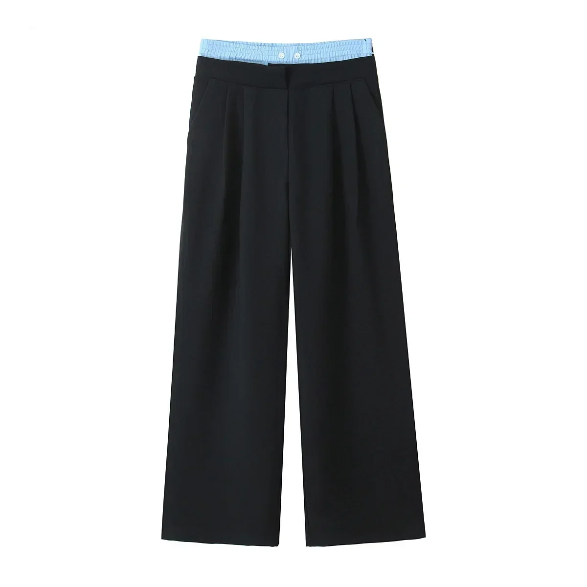 

Women's New Fashion Splicing Double Layer Waist Design Loose Casual Wide Leg Pants Retro Side Pocket Women's Pants Mujer