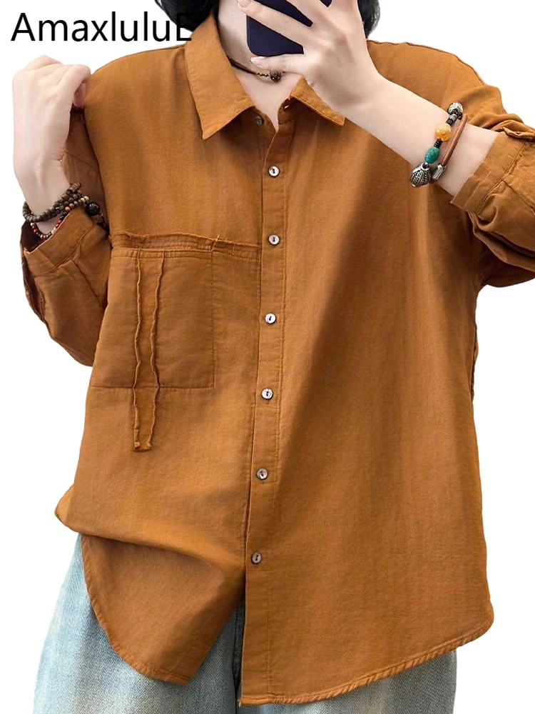 

Amax LuluE Japanese Design Blouses Autumn Women Casual Fashion Shirts Ladies Classic Loose Vintage Solid Cotton Long Sleeve Tops