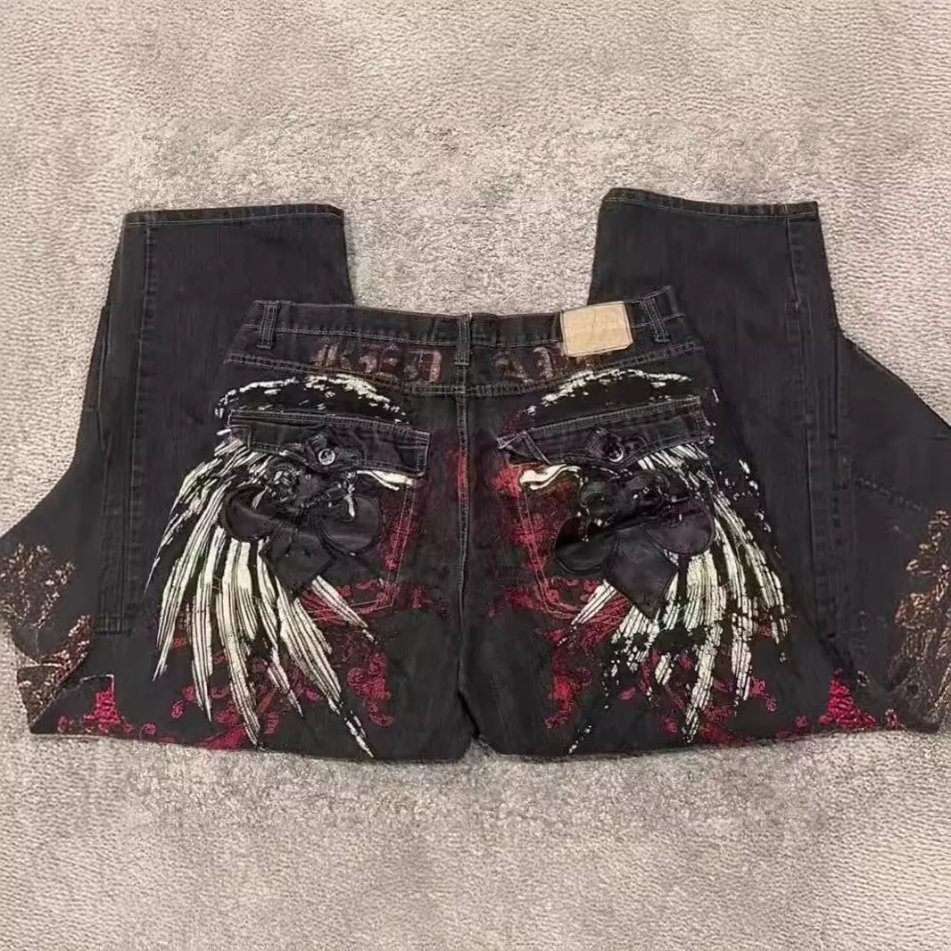 Amerikan tarzı sokak hiphop trendi düz bacak y2k erkek kot mikro alevlendi çok yönlü yüksek belli kanat grafik gevşek denim kot