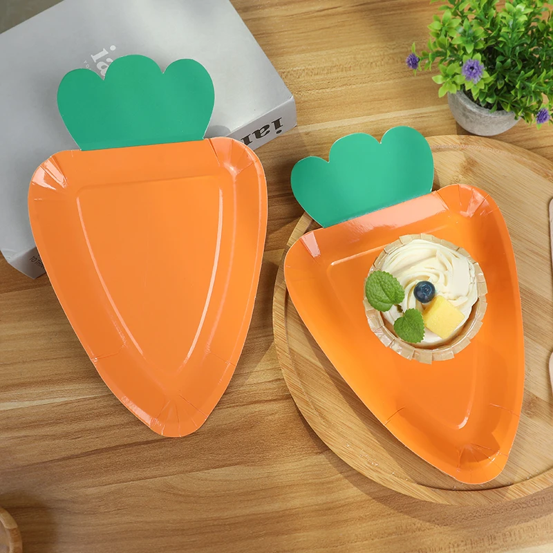 

8pcs Carrot Shape Disposable Tableware Paper Plate Easter Spring Party Dessert Supplies For Holiday Home Dining Table Decoration