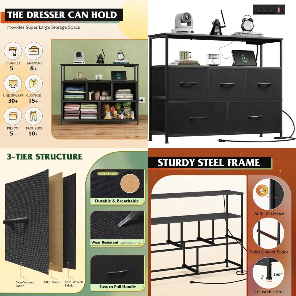 

Contemporary TV Stand with Charging Station, Chest of Drawers with Open Shelves, 45 Inch TV, Storage Drawers for Living Room, Cl