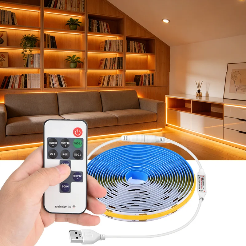 

White/Warm White USB COB LED Strip with RF Remote Control Dimmable COB Strip Light Flexible Tape for Home Cabinet Decor Lighting