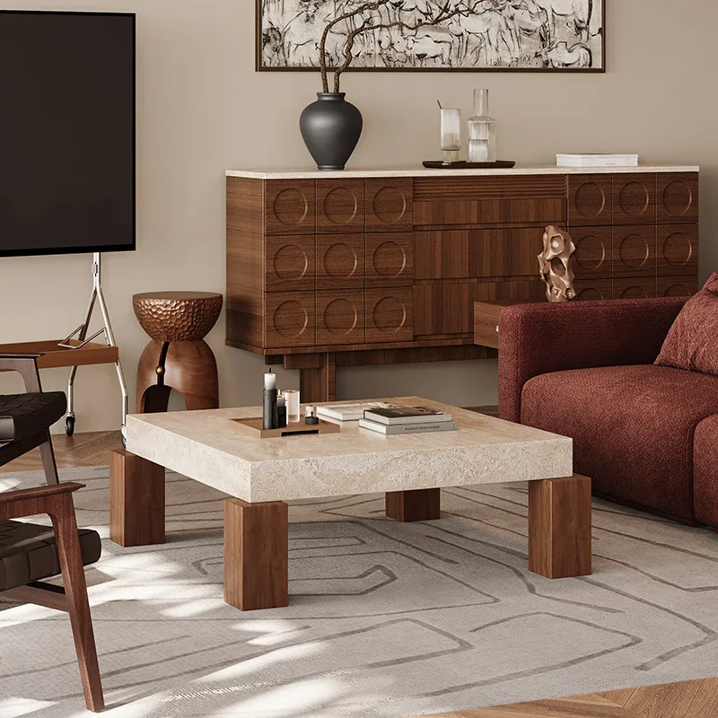 Wabi Sans travertine solid wood coffee table Maillard medieval style living room small apartment rectangular simple coffee table