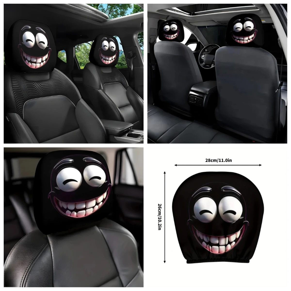 2PCS Hell Cat Head Car Pillowcase with Interesting Expressions Oil Resistant Car Decoration Gift Set Stretchable Washable