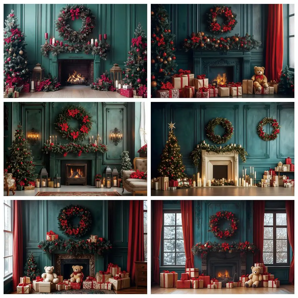 

Christmas Retro Wall Wreath Fireplace Photography Backdrop Indoor Room Gifts Box Baby Kids Family Portrait Photocall Background