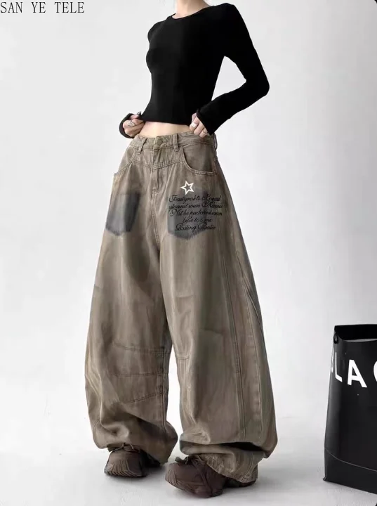 الهيب هوب سكين منحني واسعة الساق الجينز النساء الرجعية القذرة مصبوغ مطبوعة واسعة الساق فضفاضة عادية Y2K موضة الشارع عالية الخصر السراويل