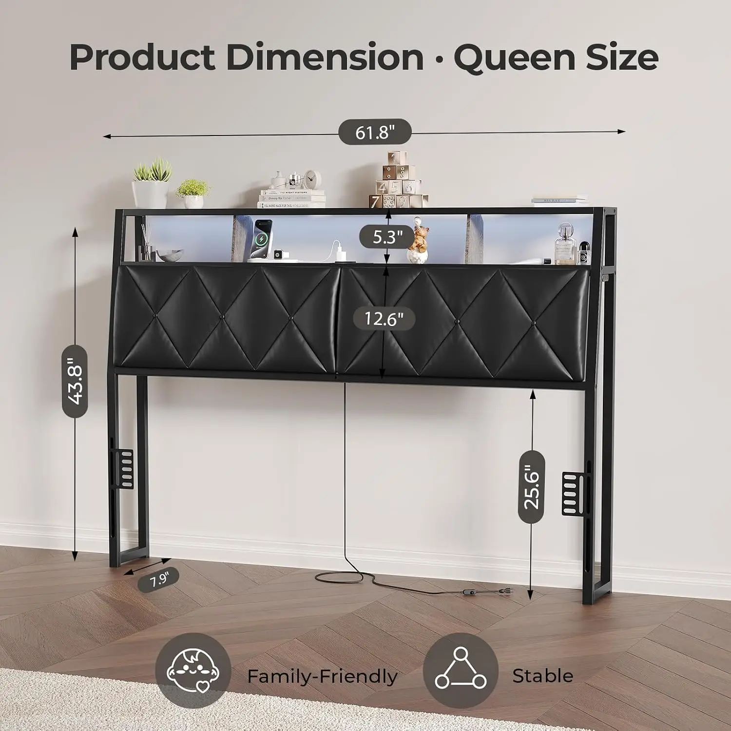 Black Queen Size Headboard Featuring Built-In Storage, Charging Station, and Lights