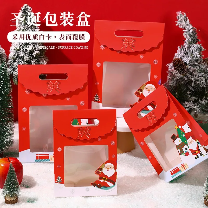 

10Pcs Christmas White cardboard Gift Bag With Transparent Hand-Held Packaging Bag Christmas Eve Gift Bag Party Candy Sweets Bag