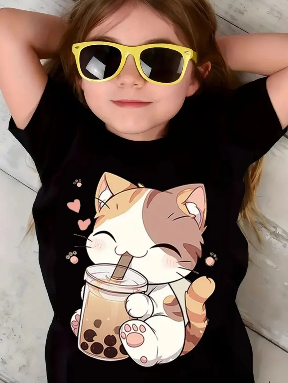 تي شيرت Kawaii Cat للفتيات، ملابس أطفال، طباعة ثلاثية الأبعاد، بلوفر برقبة دائرية، كم قصير، ملابس مريحة #2