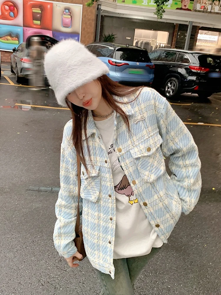 

Женское пальто из искусственного меха свободного кроя с винтажным синим клетчатым воротником, осенняя новинка, стройнящая верхняя одежда