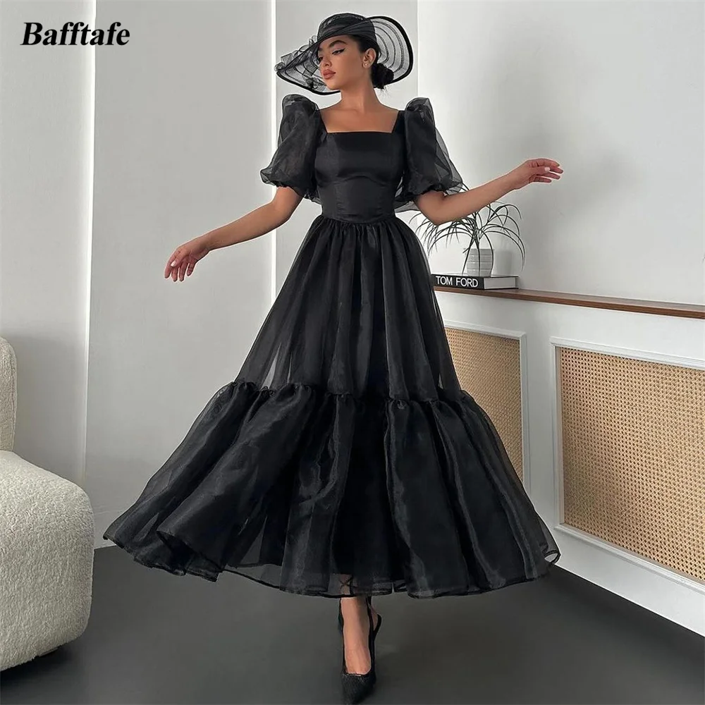 

Bafftafe Black A Line Organza Prom Dresses Square Neck Short Sleeves Formal Party Dress Women Homecoming Graduation Gowns 2024