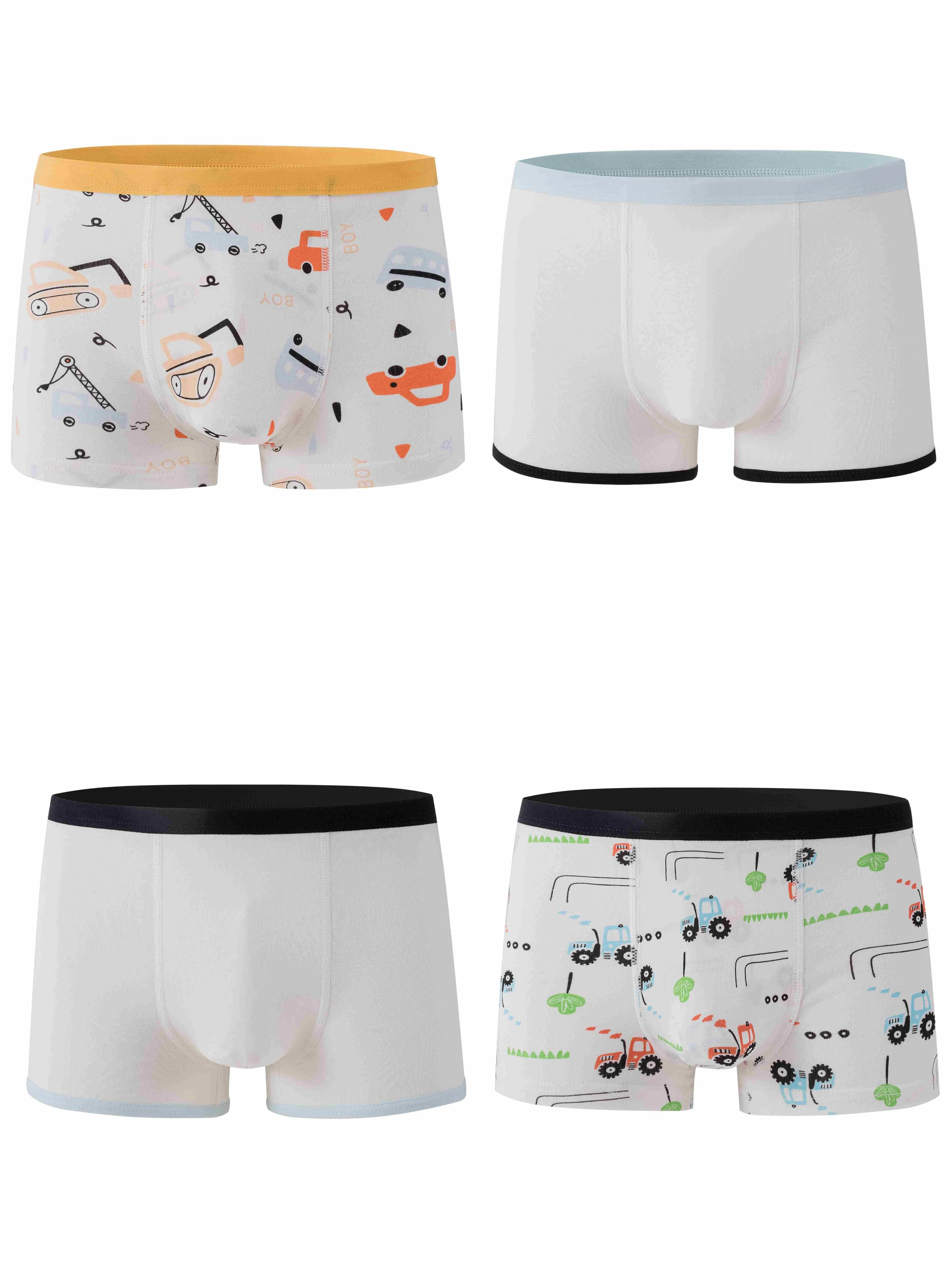 

4-Pack Mixed Color Pure Cotton High-Quality Tractor & Car Motif Boys Boxer Briefs Children's Underwear Flat Front