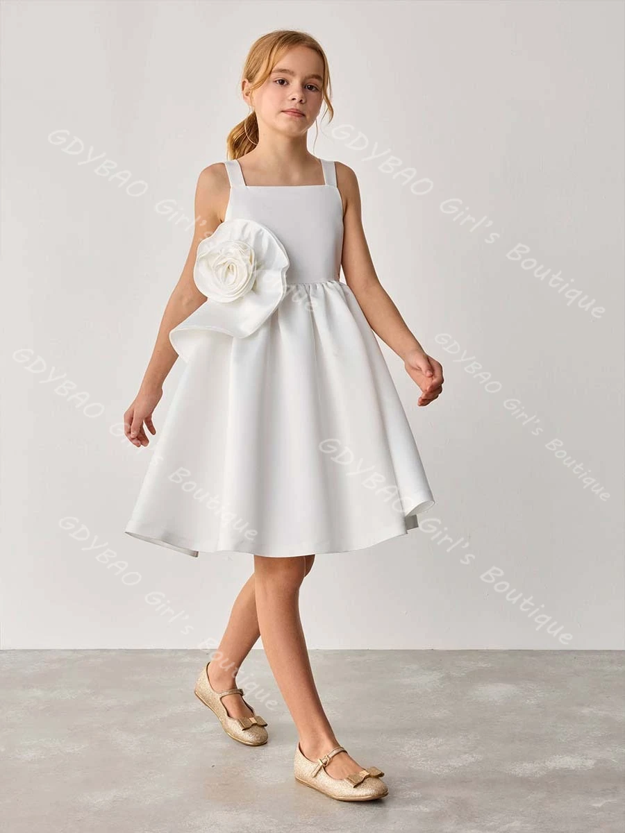 

Customized Satin Wedding Flower Girl Dress with 3D Handmade Flowers 2-14 Kids Spaghetti Strap Knee-Length Holy Communion Dress