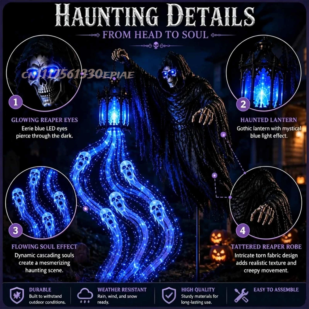 Close-up details: glowing reaper eyes, haunted lantern, flowing soul effect and tattered robe
